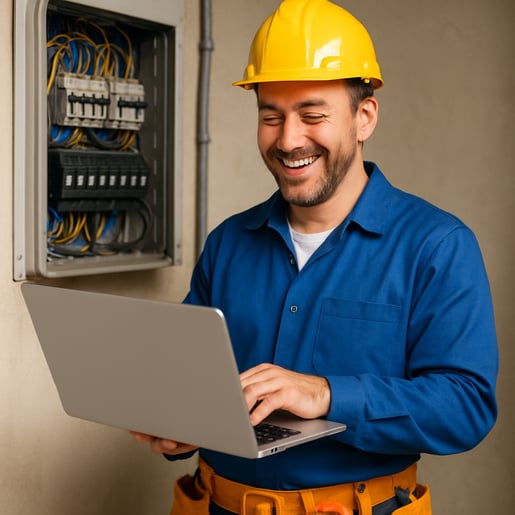 electrician business person running a business on site with a laptop happy